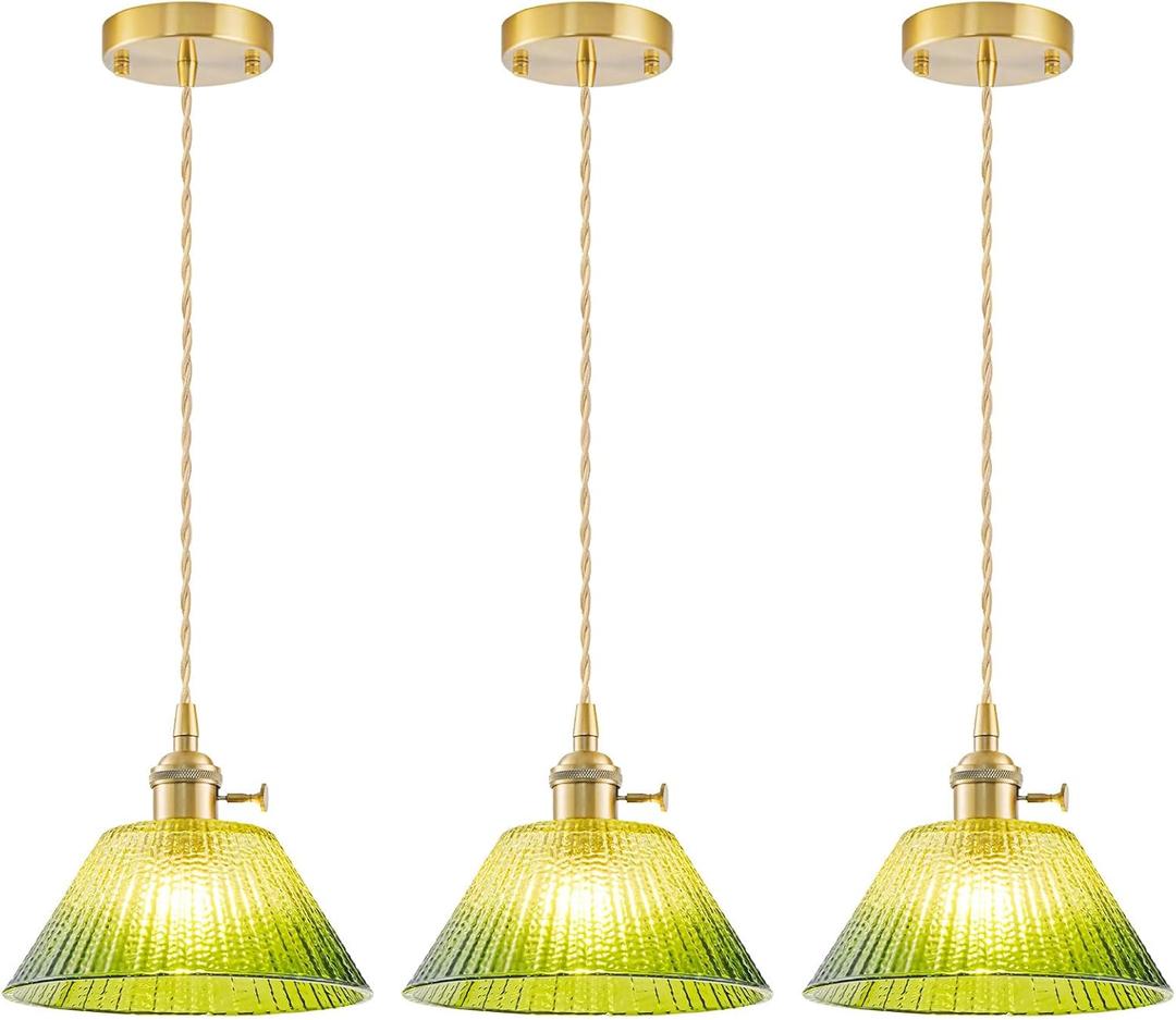 Vintage Pendant Lights Kitchen Island 3 Pack, Adjustable Brass Pendant Light Fixtures with Gradient Green Glass Shade, Gold Kitchen Pendant Lighting Over Island, Pendant Light for Dining Room Hallway, 3 pieces