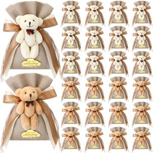24 Pcs Bear Gift Bag Bulk for Baby Shower Guest Favor 5.3 x 7.1 Inches Candy Cute Plush Bear Drawstring Bag with Bow Thank You Acrylic Sign for Baby Boy Girl Party Decorations(Brown)