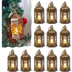 Mini Lantern Decorative, 12Pcs Small Lanterns with LED Candle, Ramadan Decorations, Hanging Vintage Moroccan Lantern Bulk for Easter Wedding Xmas Party Table Centerpiece, Brushed Brass