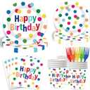 125-pcs Happy Birthday Paper Plate and Napkin Party Supplies Set, Colorful Forks - Neon Polka Dot Plate Decorations, Disposable Party Plates, Paper Cups and Napkins Set (Serves 25)