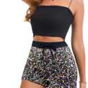 Womens Sequins Shorts A Line High Waist Elastic Sparkly Night-Out Shorts Clubwear Party Short (Black, XS)