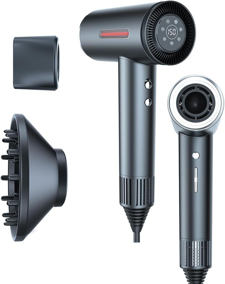 LESCOLTON Blow Dryer with Diffuser, Ionic Hair Dryer 110,000 RPM Brushless Motor 1400W Powerful High Speed, LED Display, 3 Speeds for Fast Drying, Low Noise, Lightweight Home Travel (Iron Gray)