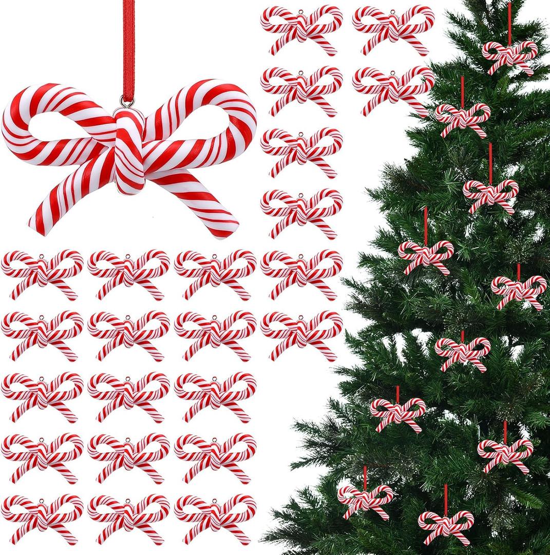 Hungdao 24 Pcs Bow Candy Cane Christmas Ornaments Red and White Christmas Tree Decoration Stripe Candy Cane Hanging Ornament Polymer Clay Peppermint Pendant for Xmas Tree Home Party Holiday Decor