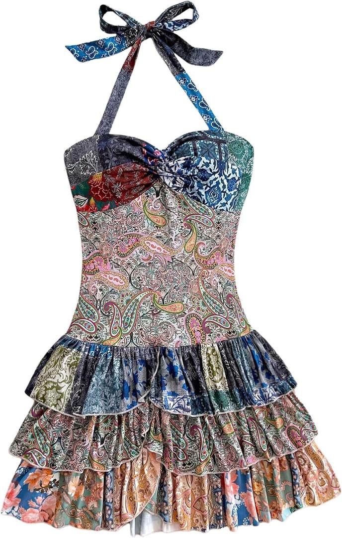 WDIRARA Women's Paisley Floral Boho Ruffle Layered Halter Dress Twist Front Tie Backless A Line Mini Dresses (Medium, Multicolor)