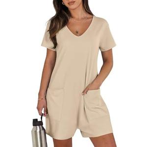 ioiohahaun Women's Summer Casual Rompers Short Sleeve V Neck Loose Fit Jumpsuit 2025 Trendy One Piece Jumps With Pockets Small