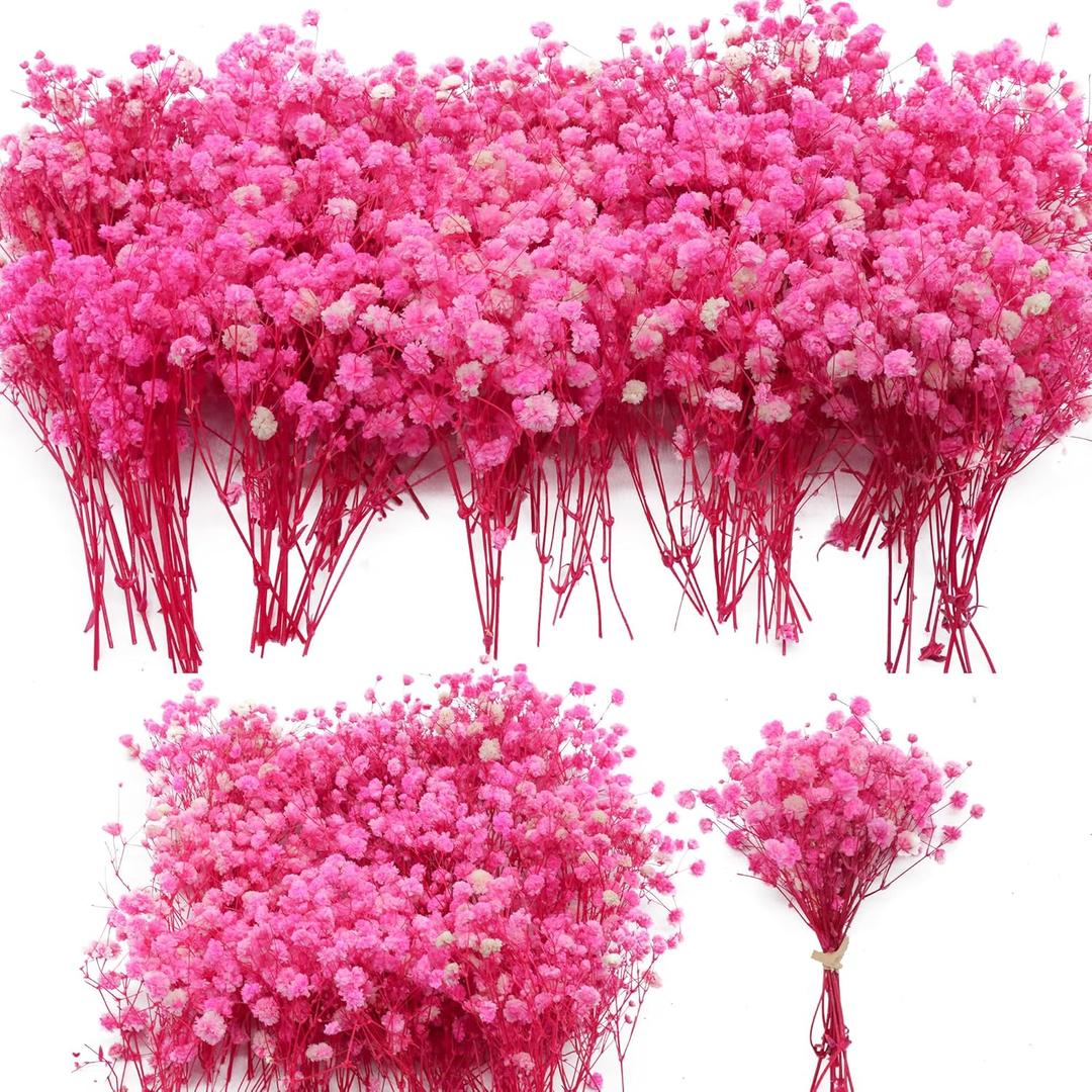 90+Pcs Mini Dried Babys Breath Flowers Pink, 4700+ Bright Pink Baby Breath Flower Bulk, Dried Flowers for Crafts, Wedding Decor Boho Invitation, Resin Candle Making, Dry Babies Flowers, Gypsophila