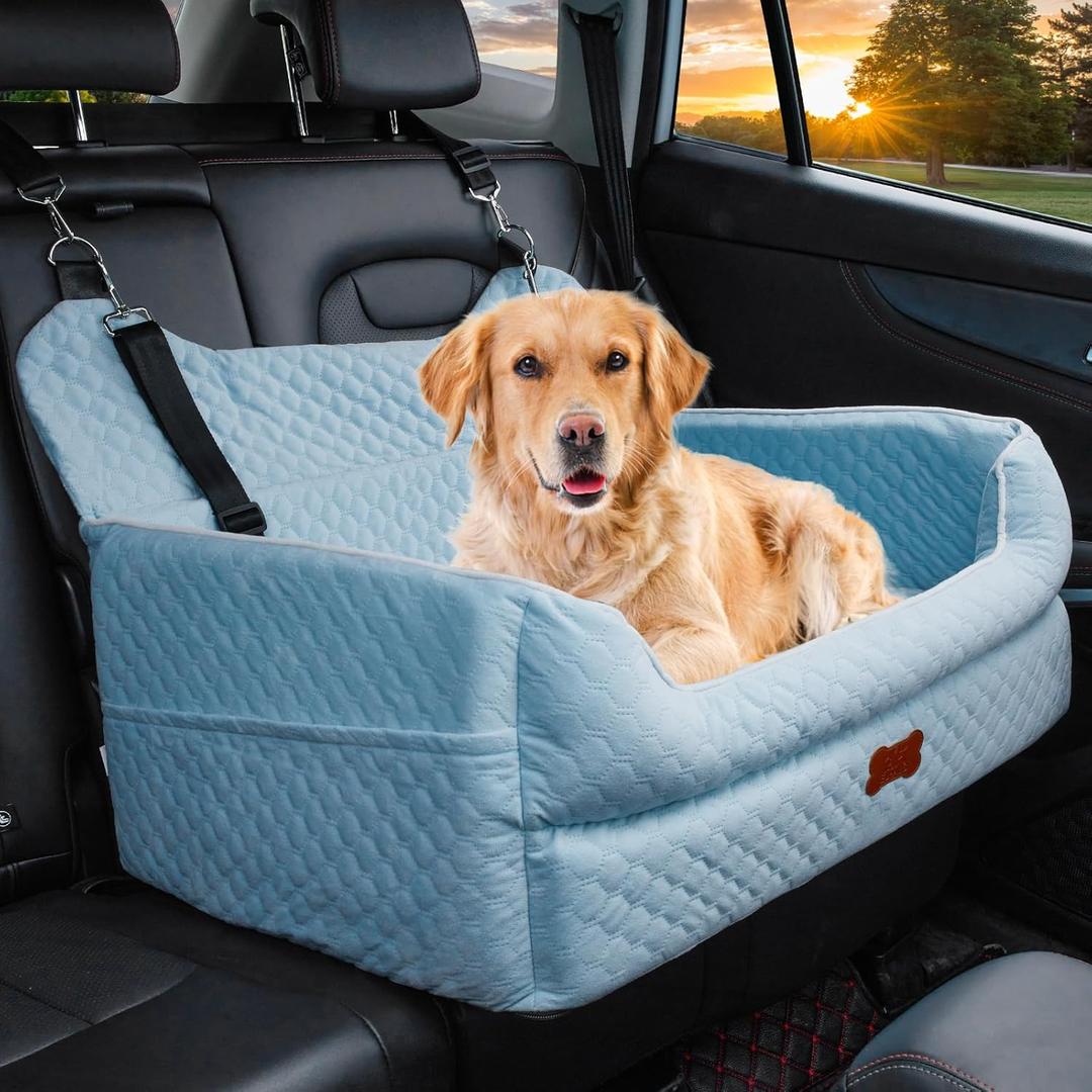 Dog Car Seat for Large/Medium Dogs - Memory Foam Dog Booster Seat for Under 55Lbs or 2 Small Dogs-Detachable and Washable Travel Bed with Thick Cushion and Storage Pockets-Blue