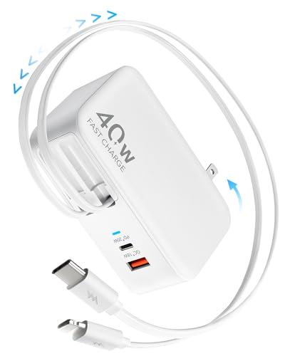Retractable USB C Charger Wall Plug with 35.5in/90cm Type C Cables Cords,40W Fast Charging Foldable Block Multi Charger for All Devices for iPhone 17/16/15/14/13/12,iPad,Galaxy,Pixel