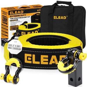 ELEAD Recovery Tow Strap Heavy Duty with Hooks 3" x 30Ft - 36000 LBS Break Strength, 2" Shackle Hitch Receiver + 3/4 D Ring Shackles (2pcs), Recovery Tow Rope for Truck, SUV, ATV Offroad Vehicle