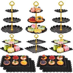 12-Pack Dessert Table Display Set, 6 Cupcake Stands and 6 Dessert Trays, Plastic Dessert Display Stands and Cake Stand, Treat Table Displays Set for Wedding, Baby Shower, Tea Party (Black)