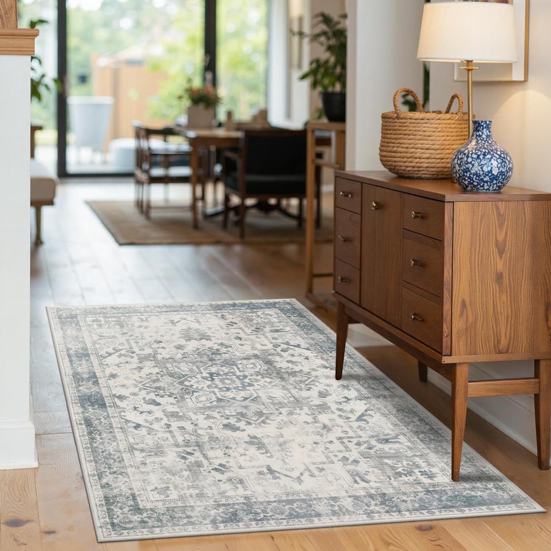 3x5 Washable Entryway Rug, Non Slip Boho Runner Rugs for Hallway, Entrance, Kitchen, Bathroom, Laundry Room, Soft Entryway Carpet, Throw Low Pile Retro Imitation Wool Carpet, Light Blue Grey