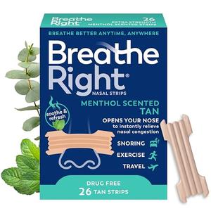 Breathe Right Extra Strength Nasal Strips, Menthol Scented, Drug Free, Less Snoring & Better Breathing from Nasal Congestion, Tan, 26 Count