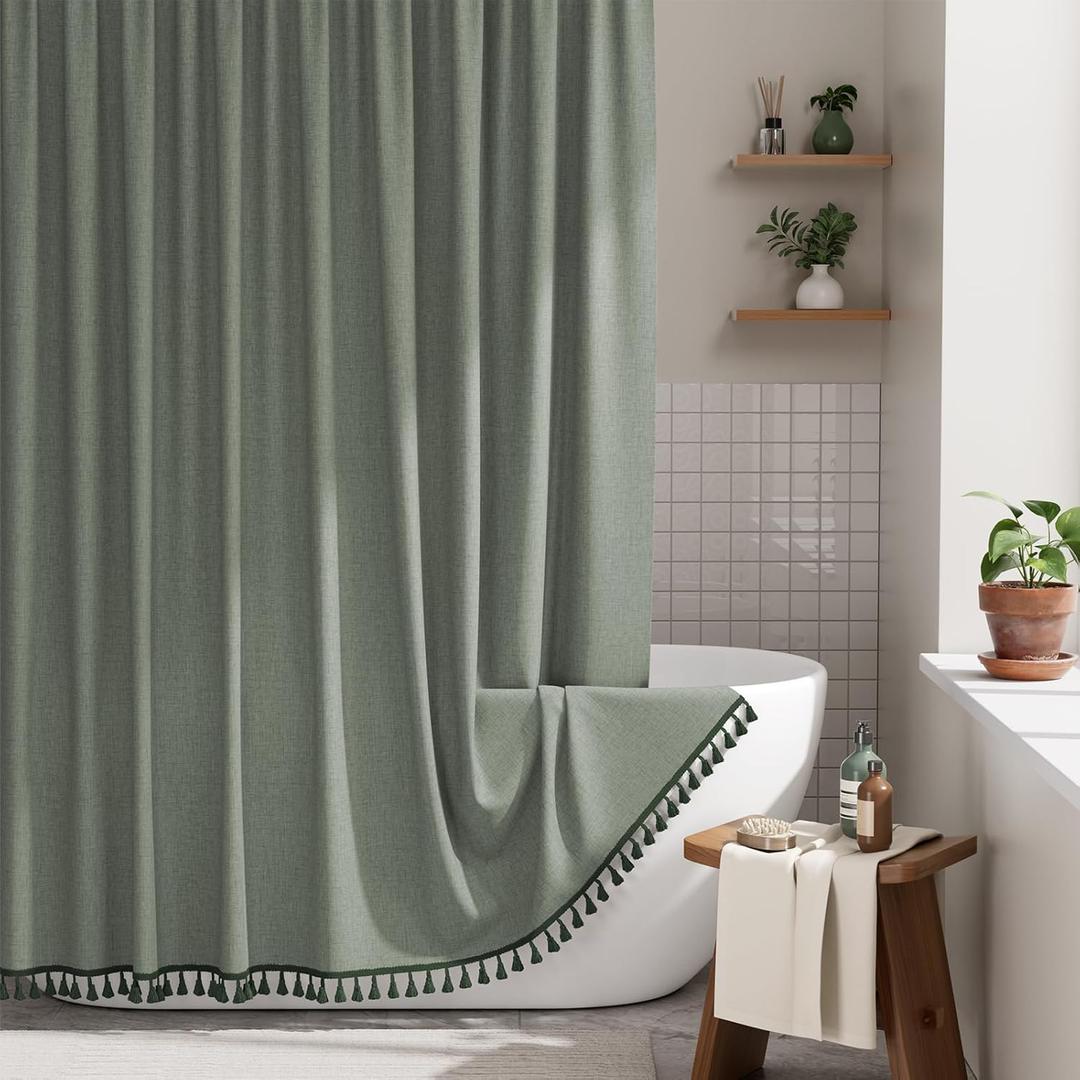AmazerBath Boho Shower Curtains for Bathroom, Farmhouse Shower Curtain with Tassels, Sage Green Shower Curtain Set, Faux Linen Fabric Shower Curtain with 12 Hooks, Hotel Quality, 72x72 Inches
