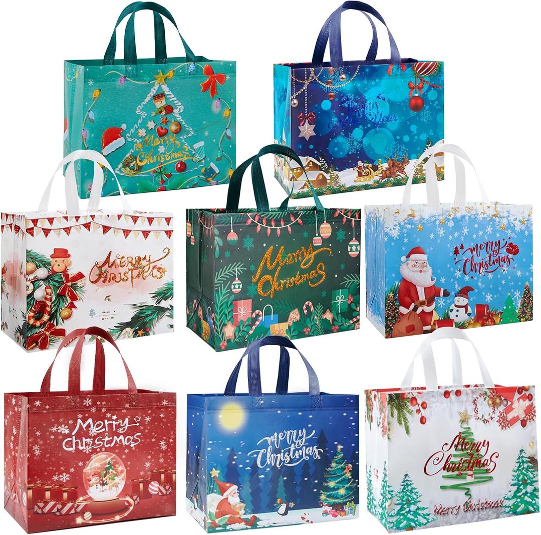 YANGTE 8 Pack Christmas Gift Bags with Handles, Large Non-Woven Tote Bags for Wrapping Xmas Party Favors, 12.8"x9.8"x6.7