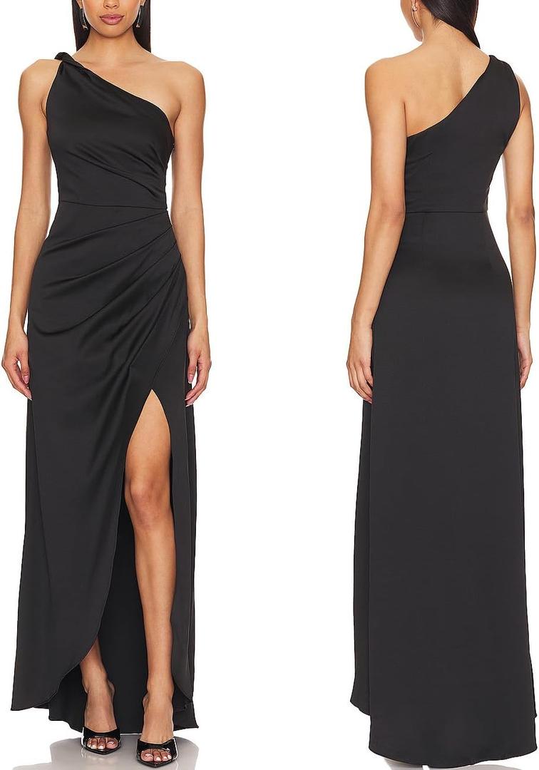 Capuffy Women's Sexy One Shoulder Long Formal Dress Ruched Waist High Split Cocktail Wedding Guest Party Maxi Dress 02 (Medium, Black)