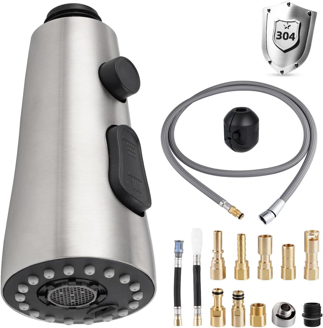 Stainless Steel Kitchen Faucet Head Replacement Set Compatible with Moen/Delta/Kohler/Grohe/Hansgrohe, Pull Down Kitchen Sink Sprayer Set, 67in Hose and 14.1oz Weight Ball, Brushed Nickel