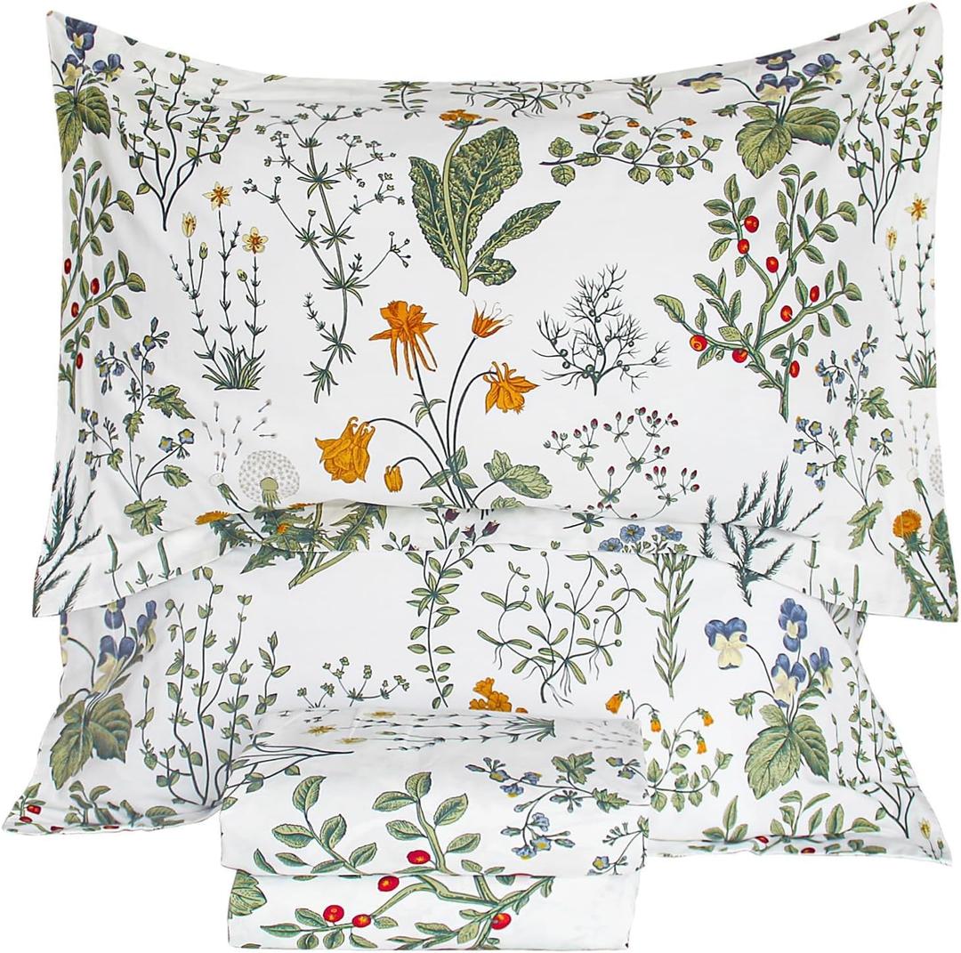 QSH 100% Cotton Sheets for Queen Size Bed, Yellow Flowers Plant Pattern Botanical Luxury Cotton Printed Floral Bedding Sheets Queen Soft and Breathable 4pcs Deep Pocket Queen Sheet Set