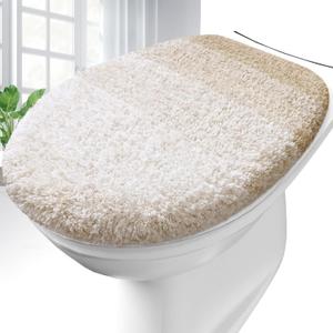 OLANLY Soft Microfiber Bathroom Toilet Lid Cover, Machine Washable Covers, 17.5x15, Stays in Place Rubber Backing, Fits Most Round, Elongated and Oblong Lids, Accessories Decor, Light Beige