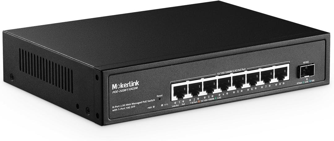 MokerLink 9-Port 2.5 Gigabit PoE Web-Managed Switch with 1 x 10G SFP Port, 8 x PoE IEEE802.3af/at, 120W, Managed Fanless Wall-Mountable Network Switch