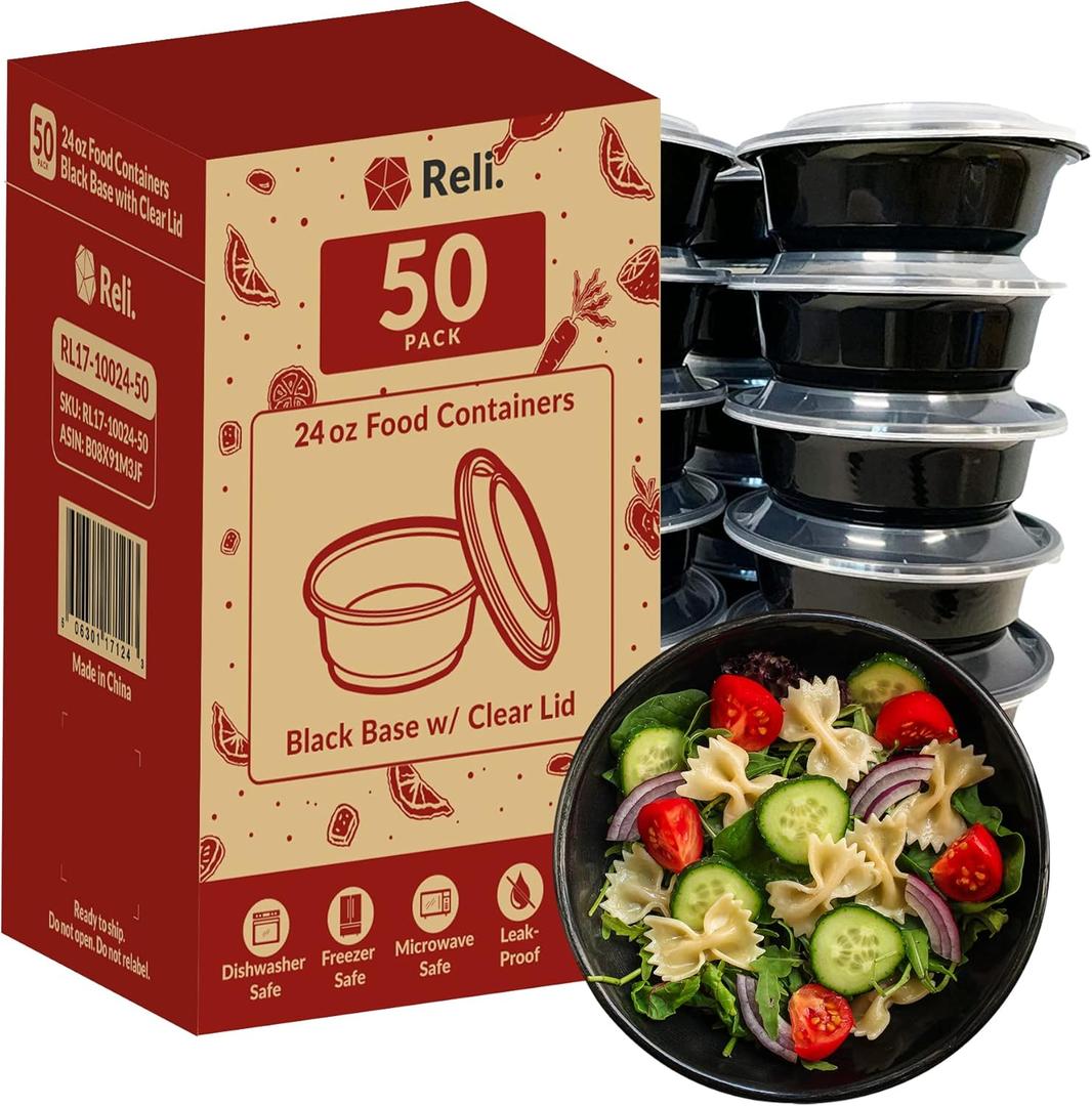 Reli. Meal Prep Container Bowls, 24 oz. | 50 Pack | Round Meal Prep Containers with Lids | Reusable 24 oz Bowls with Lids | Microwavable, Black Food Storage Boxes | Black