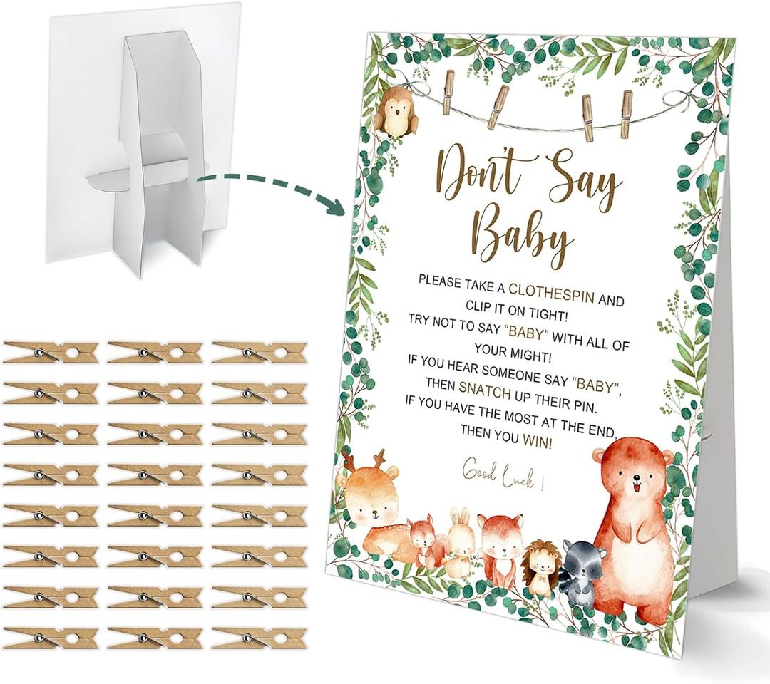 Don't Say Baby Clothespin Game, Woodland Animals Baby Shower Game, One 8x11 Sign and 50 Mini Natural Clothespins, Gender Neutral, Baby Shower Decoration - MJZ02