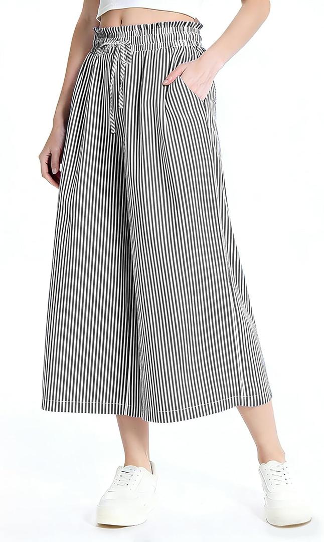 Rapbin Wide Leg Capri Pants for Women Gingham Striped Culottes Flowy Elastic Waist Cropped Palazzo Pants with Pockets (Large, Black Stripes)
