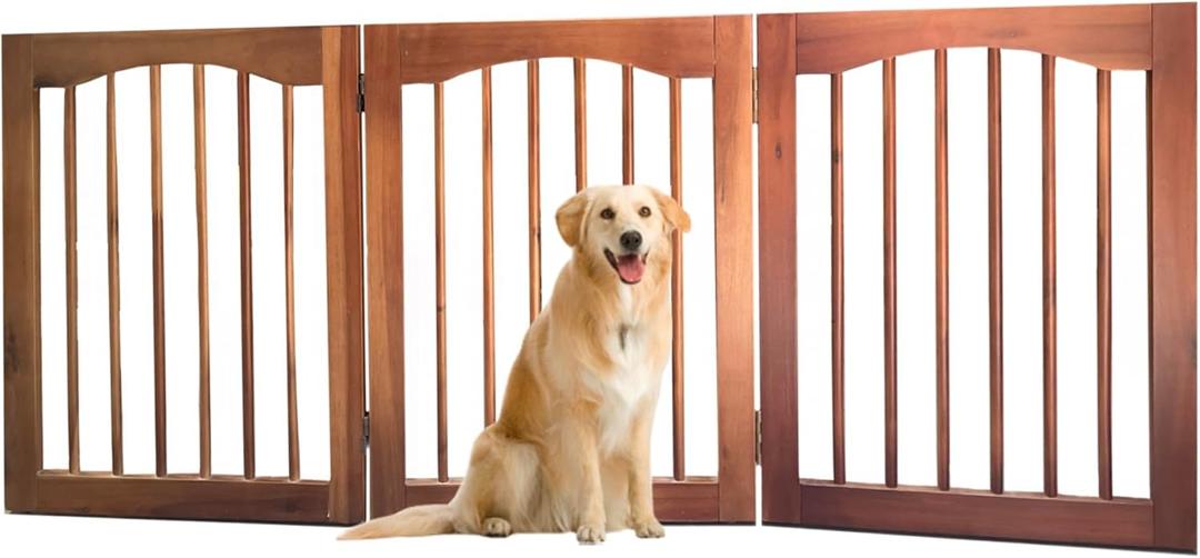 Tabago 3-Panel Foldable Freestanding Wooden Pet Gate 24"x20" – Expands up to 60", White & Natural Dog Gate for Small Pets, Stylish Indoor Barrier for Doorways & Hallways