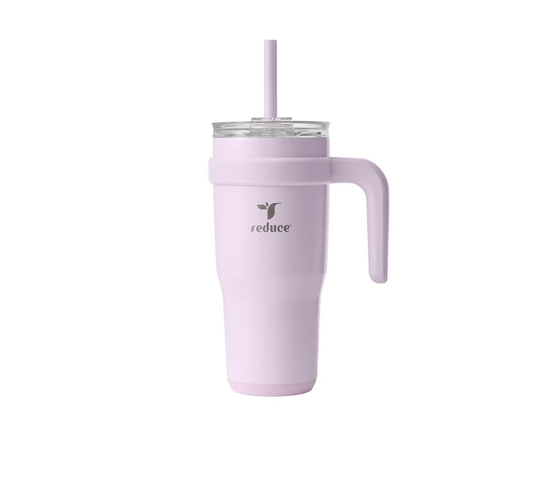 REDUCE 24 oz Stainless Steel Tumbler with Handle - Dual-Wall Vacuum Insulated Travel Mug, Sweat-Proof Lid & Reusable Straw - Keeps Drinks Cold for 24 Hrs, Fits Cupholders, Dishwasher Safe - Lilac Bud
