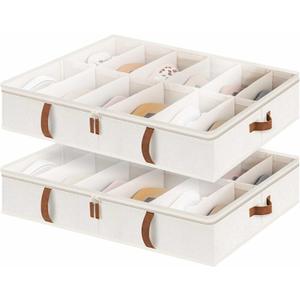 StorageWorks Shoe Organizer Under Bed for Closet, 2-Pack Ultra-thick Fabric Shoe Storage Containers with Bottom Support and Adjustable Dividers, Fits up to 24 Pairs, Beige