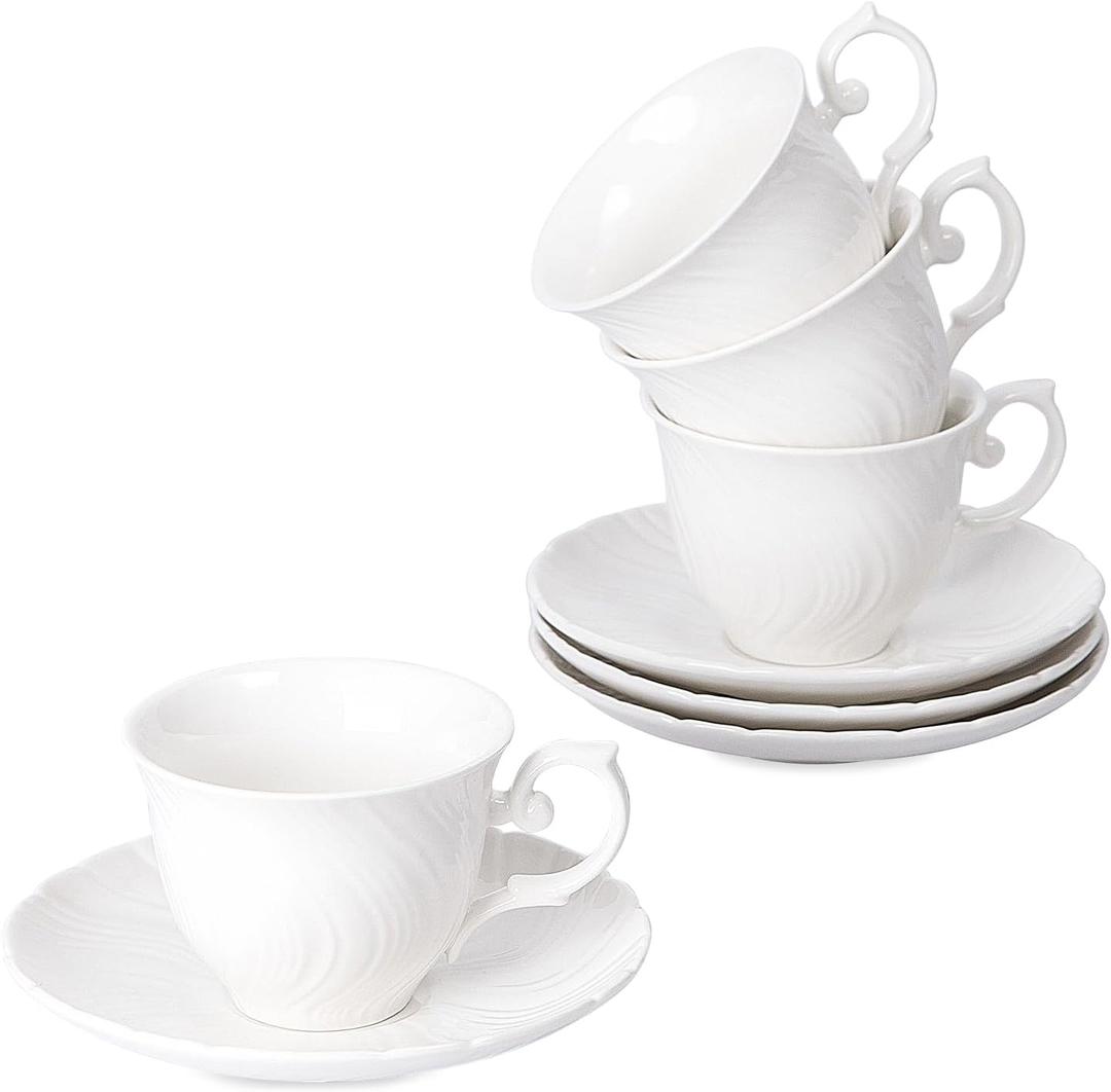 Agyiuns Tea Cups Set Of 4, Tea Cup And Saucer Set,6oz for Tea,Coffee, Latte, Cafe Mocha, Porcelain Tea Party Set (Pure white set of 4)