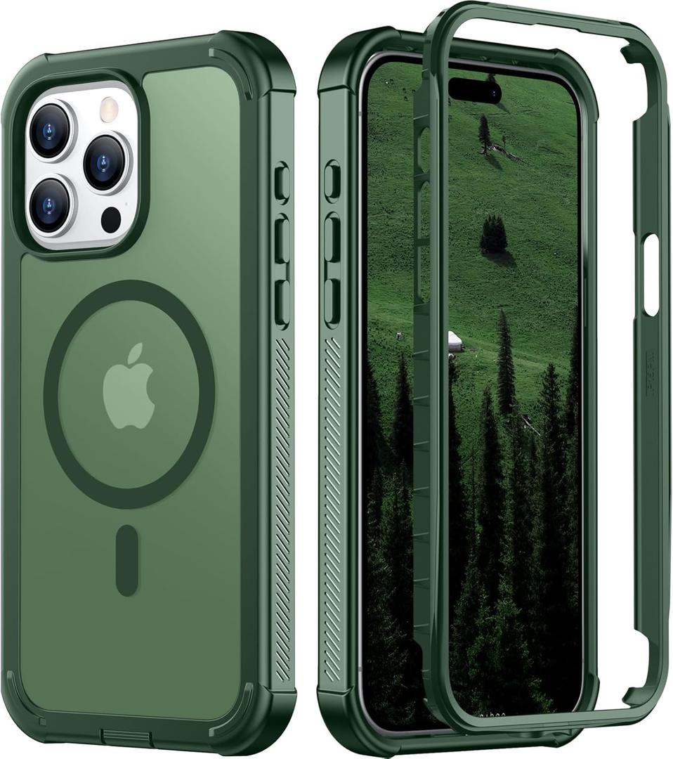 Red2Fire Magnetic for iPhone 15 Pro Max Case, [Compatible with MagSafe][Military Grade Drop Protection][Heavy Duty Shockproof] Non-Slip Translucent Matte Bumper Phone Case for iPhone 15 Pro Max 6.7" (Army Green)