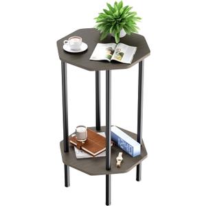 QLHousesuoH Side Table, Octagonal End Table for Small Spaces, Nightstand with 2 Storage Shelves, Small Table Stand for Bedroom, Living Room, Outdoor Balcony(Gray)