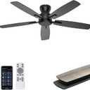 Ohniyou 52 Inch Ceiling Fan No Light, Low Profile Ceiling Fan with Remote and App Control, Flush Mount Ceiling Fan without Light for Bedroom Living Room Covered Patios, Quiet DC Motor, Black