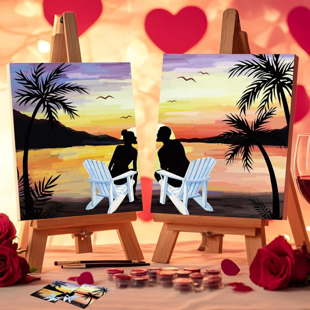 Nuberlic 2 Pack Pre Drawn Canvas for Painting Sip and Paint for Adult's Couple's Date Night Paint and Sip Kit for Outdoor Party Favor Supplies Valentine's Day Gift 8x10 inch Sunset Couple