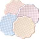 Jinei 24 Pcs Gingham Cake Dessert Paper Plates 10.5 Inch Checkered Disposable Party Plates Plaid Scalloped Edges Dinner Tableware for Easter, Birthday Party, Picnic, Summer, 4 Pastel Colors