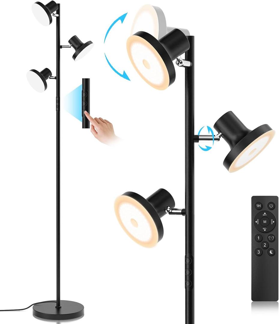 SIBRILLE 36W LED Tree Floor Lamp, Modern Dimmable Standing Lamp with Remote & Touch Control, 4 Color Temperatures, 3 Rotatable LED Light Floor Lamps for Living Room, Bedroom, Office