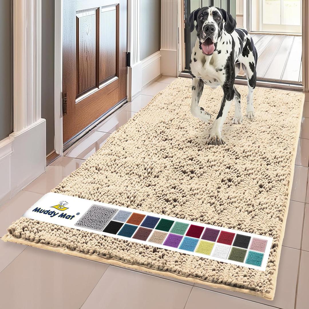 Muddy Mat | Super Absorbent Door Mat Indoor, Microfiber Quick Dry Chenille Entryway Rug, Non-Slip Front Door Mat, Indoor Mats for Entryway, Machine Washable Pet Rug, Beige 3ft x 8ft