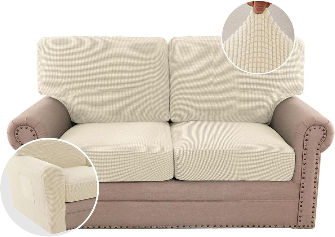 H.VERSAILTEX Multi-Pieces Sofa Covers Stretch Couch Covers Form Fitted Seats and Back Cushions Covers (2 Seat Covers Plus 2 Back Cusion Covers, Bonus 2 Armrest Covers), Natural