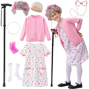 Old Lady Costume for Kids Girls 100 Days of School Costume, Granny Grandma Dress Up for Girls, L: 8~10 Years