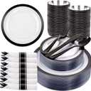 Liacere 350PCS Clear Black Plastic Plates - Clear Plates with Black Rim for 50Guests Dinnerware Include 100 Clear Plates disposable 150 Black Silverware 50 Napkins for Party&Father's Day (Clear Balck)