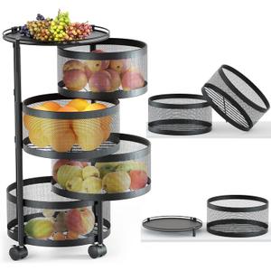 HOYRR Rotating Storage Rack for Kitchen, 4 Tier Fruit and Vegetable Storage for Kitchen Rotating Storages Rack with Wheels, Cart Space Saver Potatoes Fruit Basket, Black