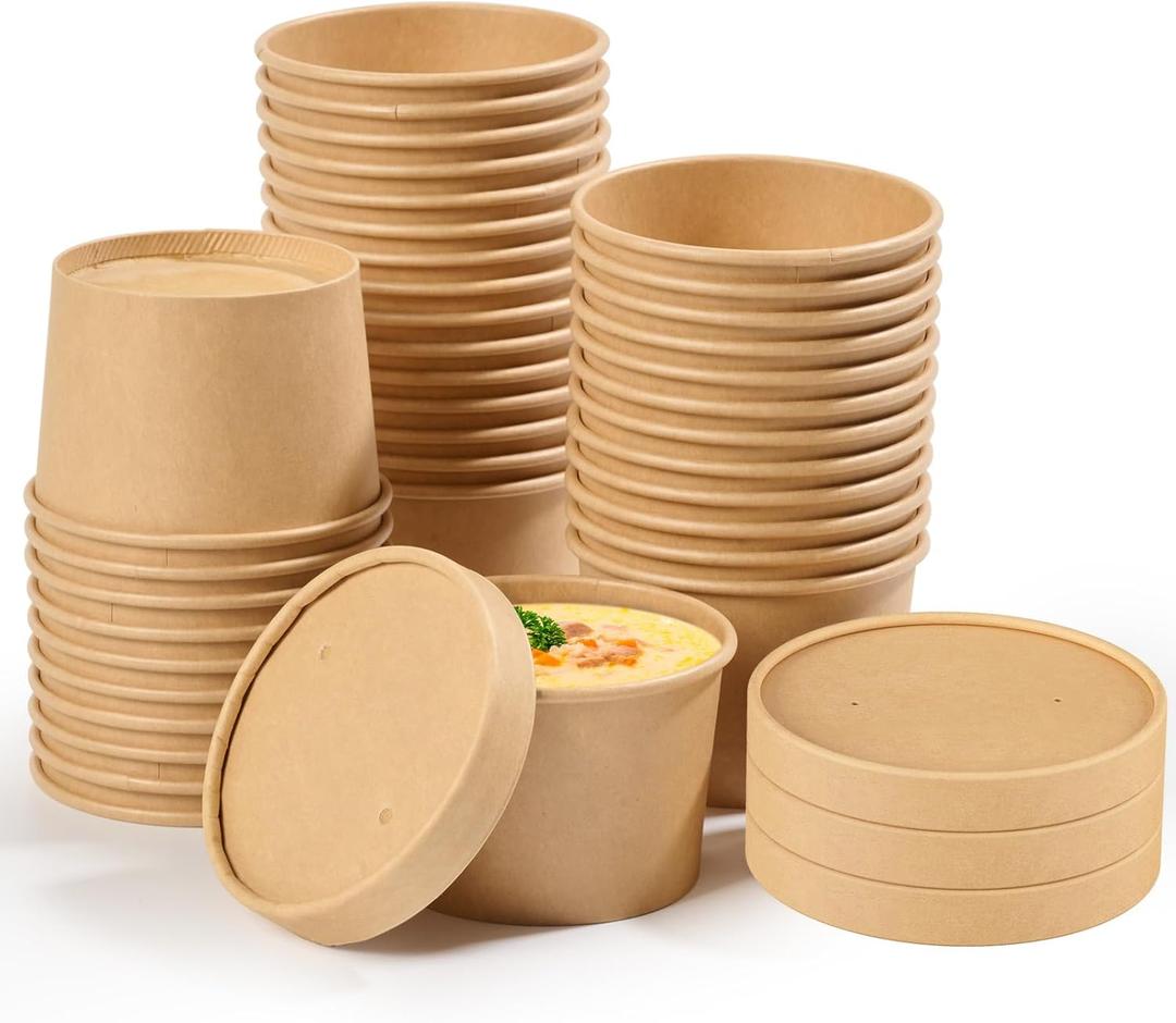JOLLY CHEF 50 Pack Disposable Paper Food Containers with Lids, 8 oz To Go Soup Bowls, Disposable Soup Cups with Lids for Restaurant, Party, Picnic