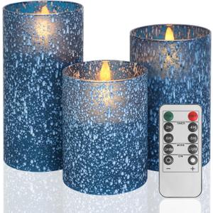 Flameless Candles with Remote - Battery Operated Candles with Timer, Flickering Real Wax LED Pillar Christmas Candles for Wedding, Table, Home Decorations (Blue, Set of 3)