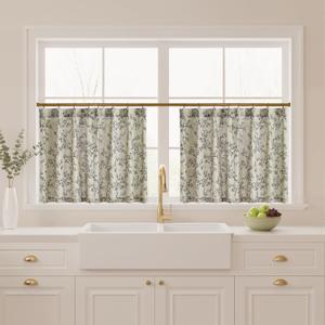 StangH Kitchen Cafe Curtains Pinch Pleat Floral Curtains for Small Window, Luxurious Vintage Linen Sheer Block Print 36 Inch Long Half Drapes for Windows, Porcelain, 26W x 36L, 2 Panels