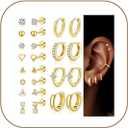 Turandoss Huggie Hoop Earrings Sets for Women, 14K Gold Plated Small Stud Earring Hypoallergenic Cartilage Huggie Hoop Stud Flat Back Gold Earrings Stacks for Multiple Piercings Jewelry Gifts