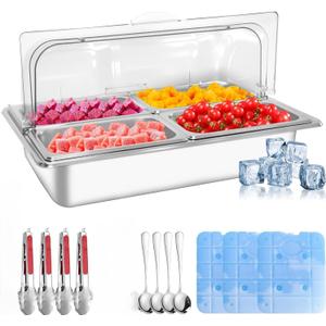 Countertop Ice Food Serving Display Tray with 4 Pan, Portable Salad Bar Buffet Station for Home, Stainless Steel Cold Food Buffet Server with Clear Roll Top Cover, 3 Ice Packs