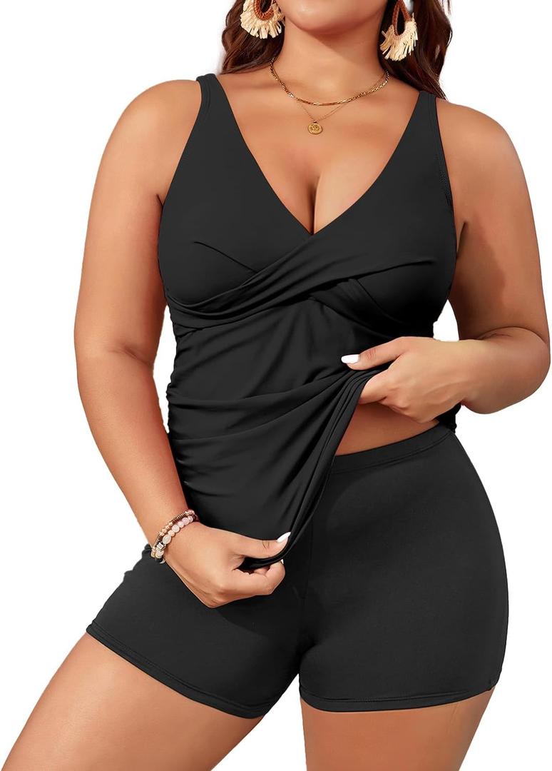 Aqua Eve Plus Size Tankini with Shorts Two Piece Swimsuits Tummy Control Bathing Suits for Women (Black), Size: 16 Plus