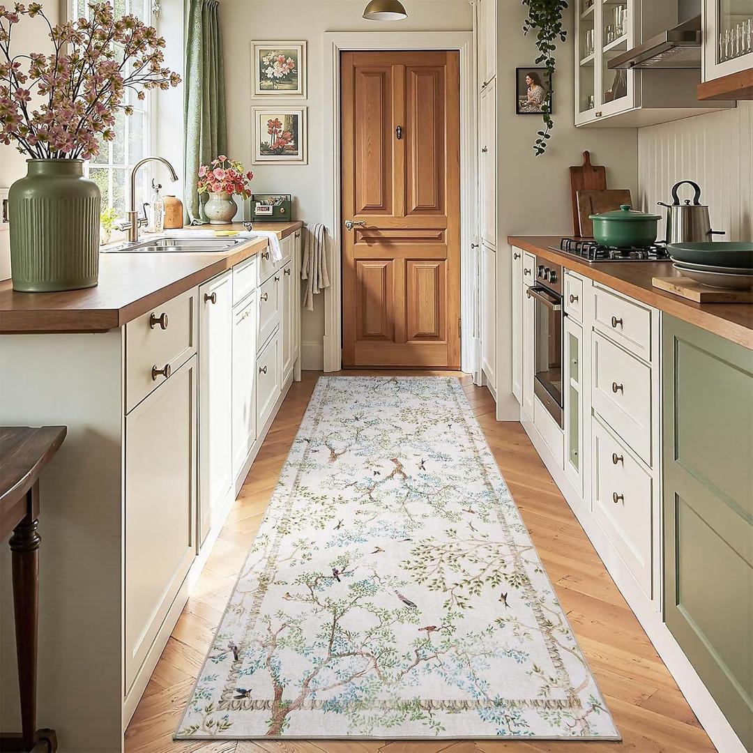Jinchan Yarden Ivory Botanical Birds 3x10 Runner Rug for Hallway Washable Non Slip Soft Nature Plants Modern Runner Carpet Vintage Ultra Thin Low Pile Rug for Entryway Living Room Laundry