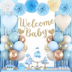 Dusty Blue Baby Shower Decorations for Boy,Welcome Baby Banner with Sand White Champagne Gold Balloons Fringe Curtains Paper Pom Poms Flowers Tassels for Boho Baby Shower Gender Reveal Party Supplies