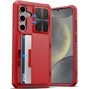 ATATOO for Samsung Galaxy S24 Case with Card Holder (Store 4-5 Cards) & Slide Lens Cover & Kickstand, [Military Grade Drop Protection], Hard Silicone Wallet Case for Samsung S24 6.2" 2024, Red